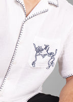 White Embroidered Cuban Collar Shirt for Men