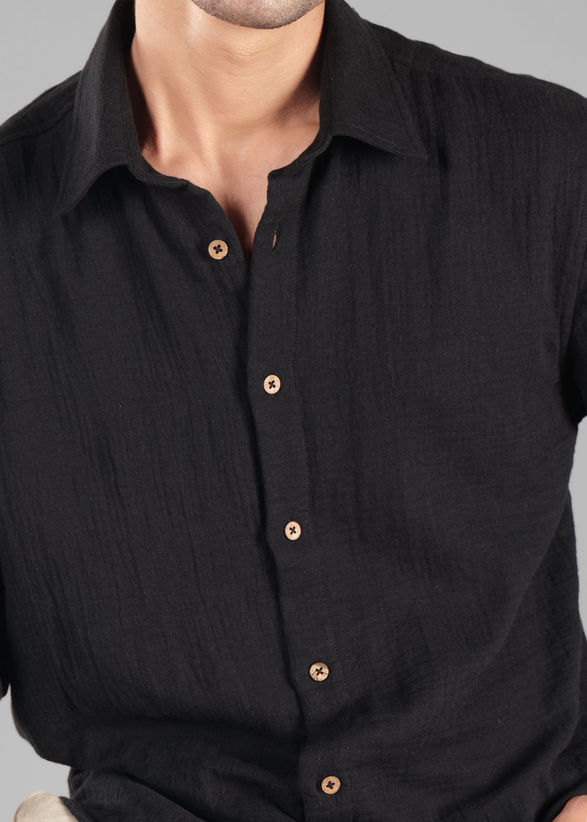 Black Long Sleeve Crinkled Cotton Shirt for Men