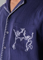 Navy Embroidered Cuban Collar Shirt for Men