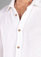 White Long Sleeve Crinkled Cotton Shirt for Men