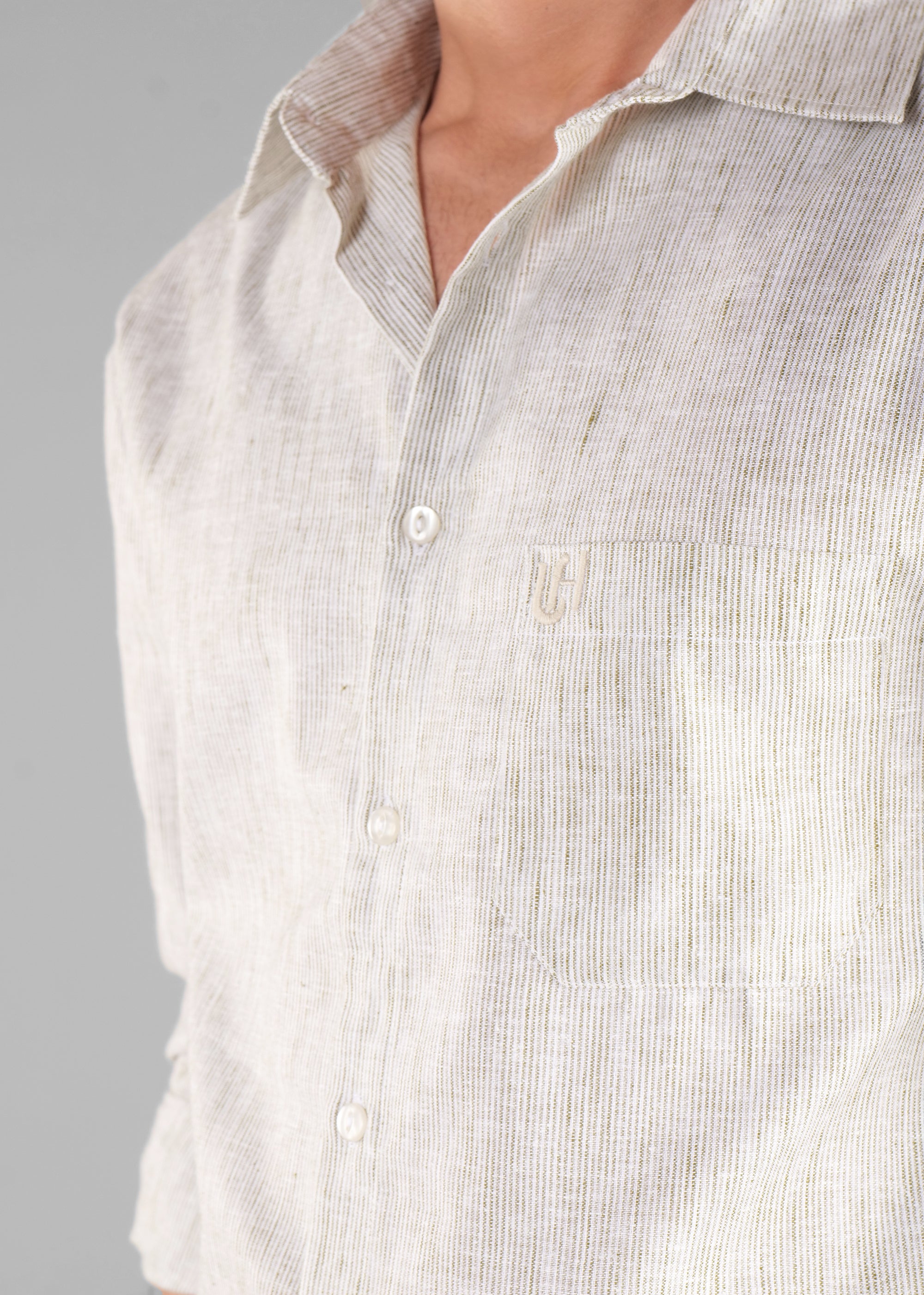 Olive Linen-Blend Striped Shirt for Men
