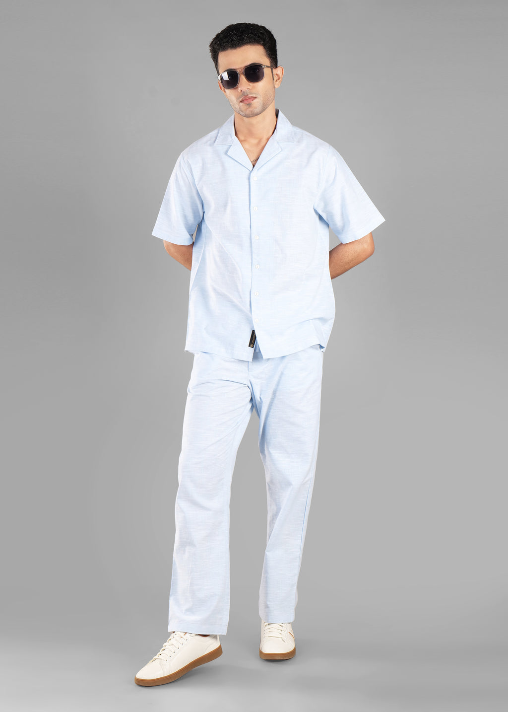 Sky Blue Linen-Blend Cuban Collar Co-ord Set for Men | Unhynged