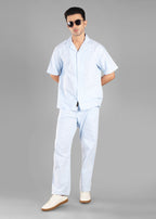 Sky Blue Linen-Blend Cuban Collar Co-ord Set for Men | Unhynged