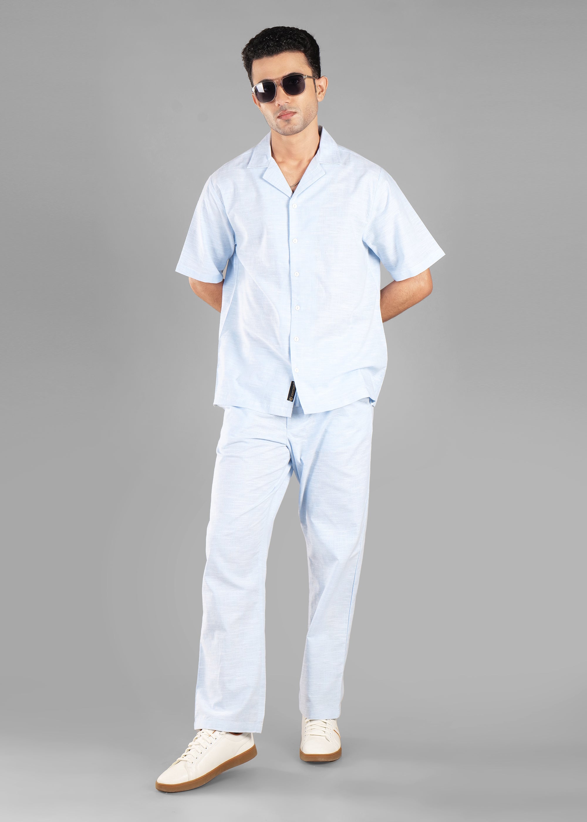 Sky Blue Linen-Blend Cuban Collar Co-ord Set for Men | Unhynged