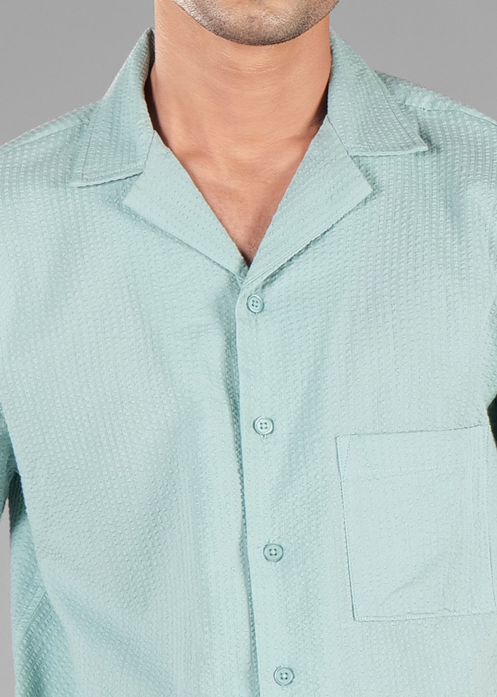 Granite Green Seersucker Textured Cuban Collar Shirt for Men