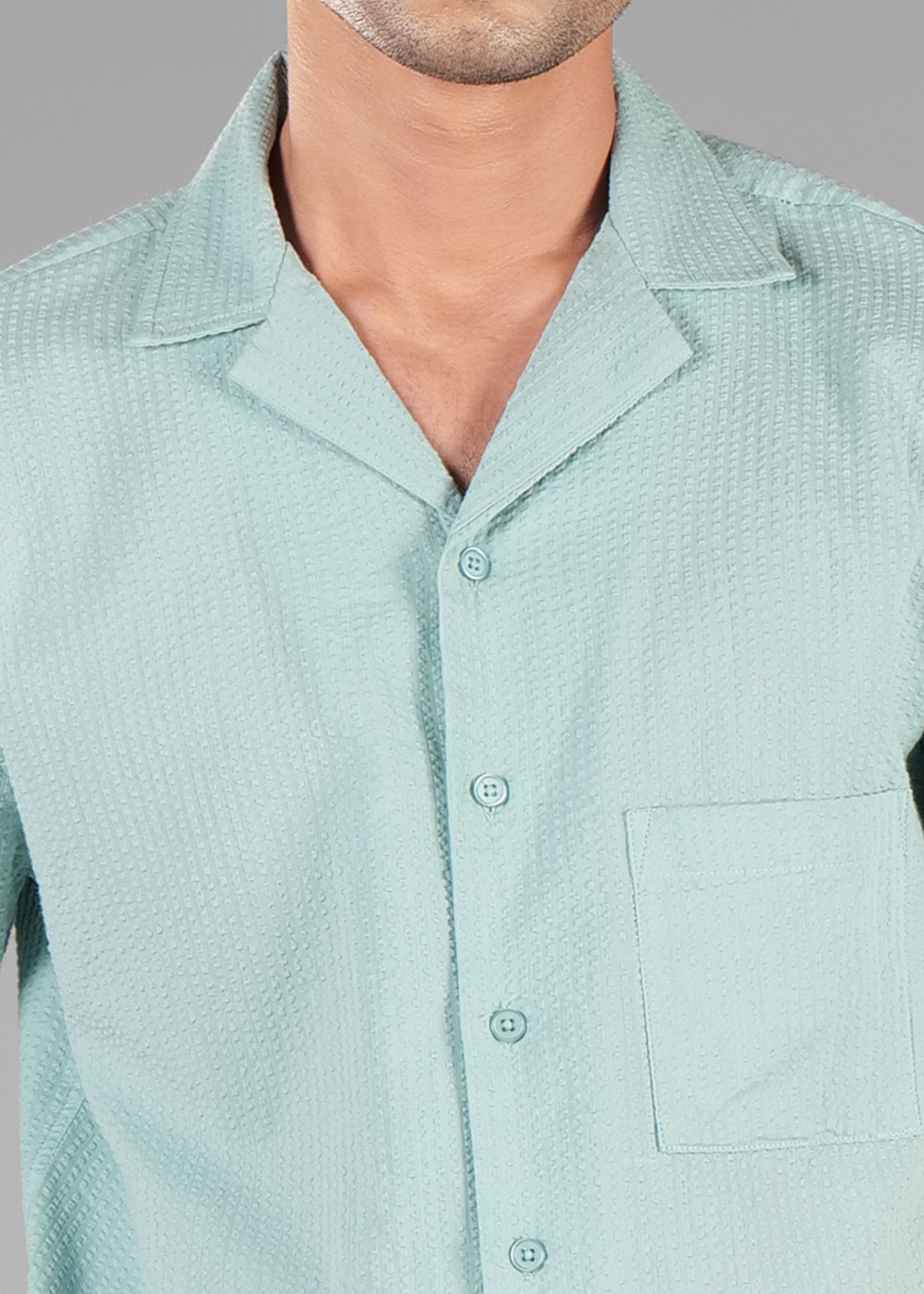 Granite Green Seersucker Textured Cuban Collar Shirt for Men