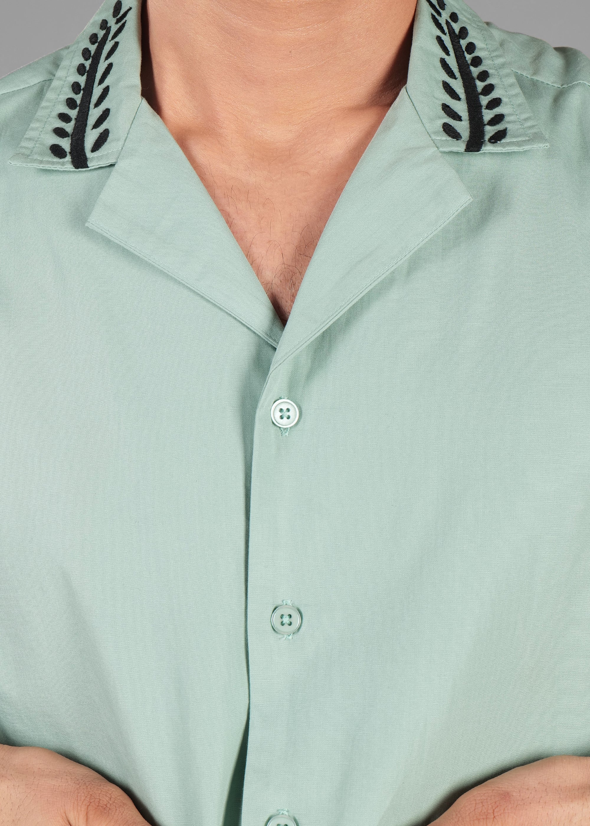 Turkish Green Embroidered Cotton Shirt for Men