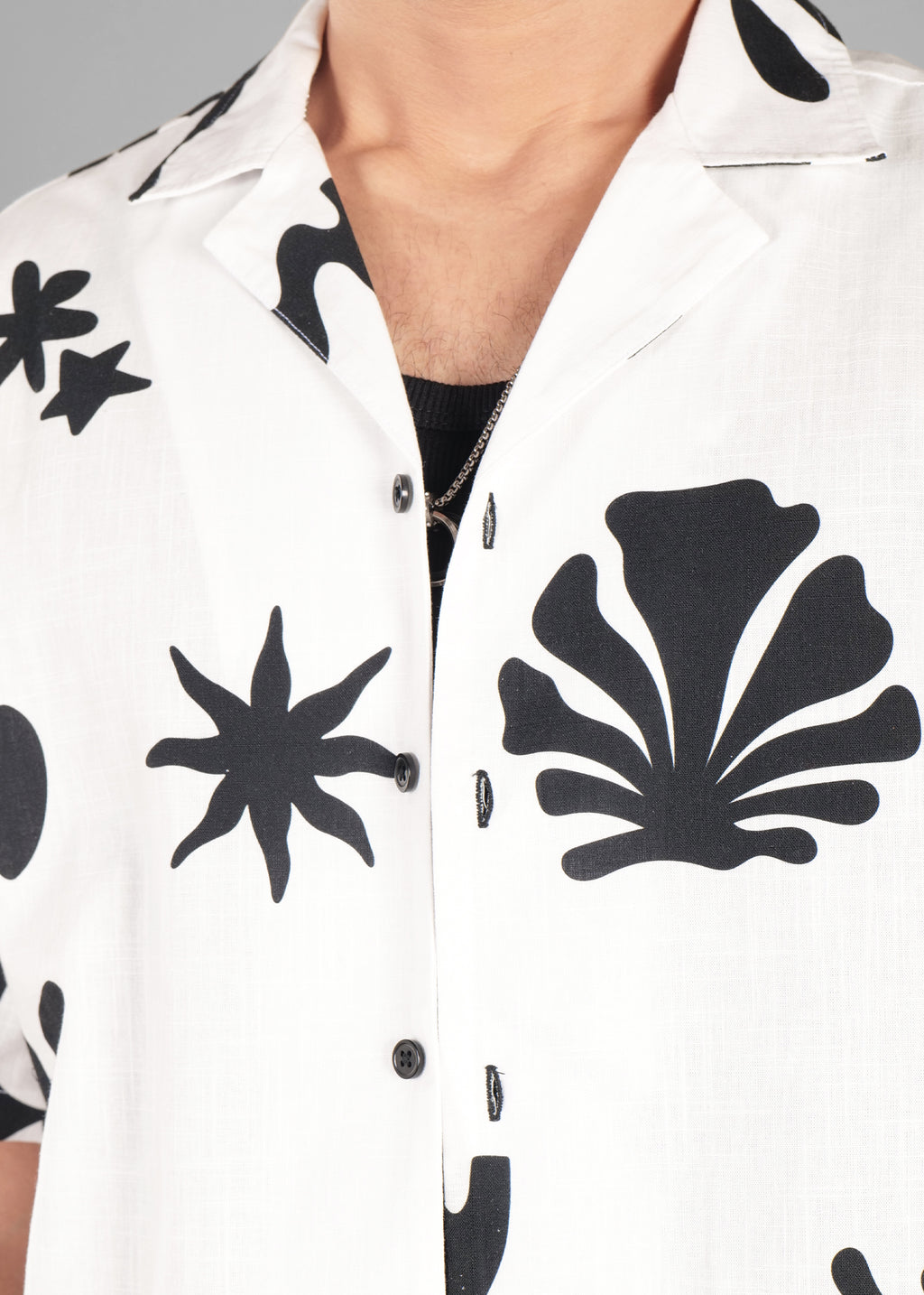 Black and White Printed Cuban Collar Shirt for Men