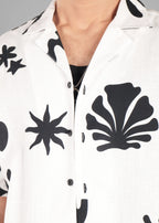 Black and White Printed Cuban Collar Shirt for Men