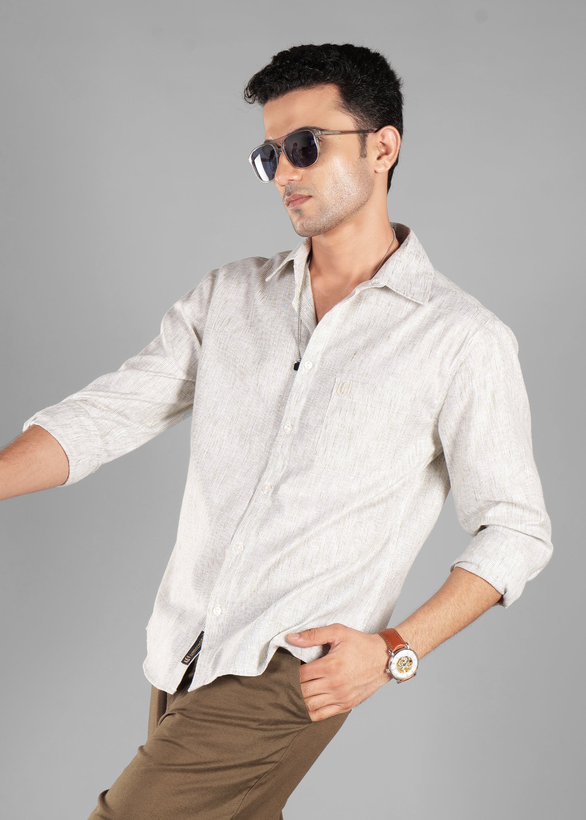 Olive Linen-Blend Striped Shirt for Men