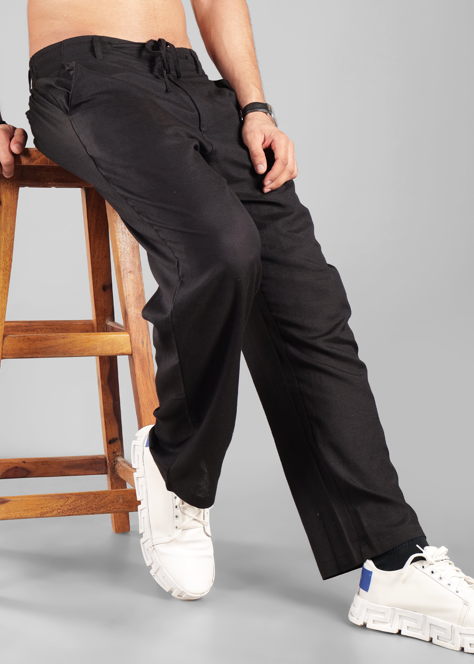 Black Linen-Blend Relaxed Pants for Men