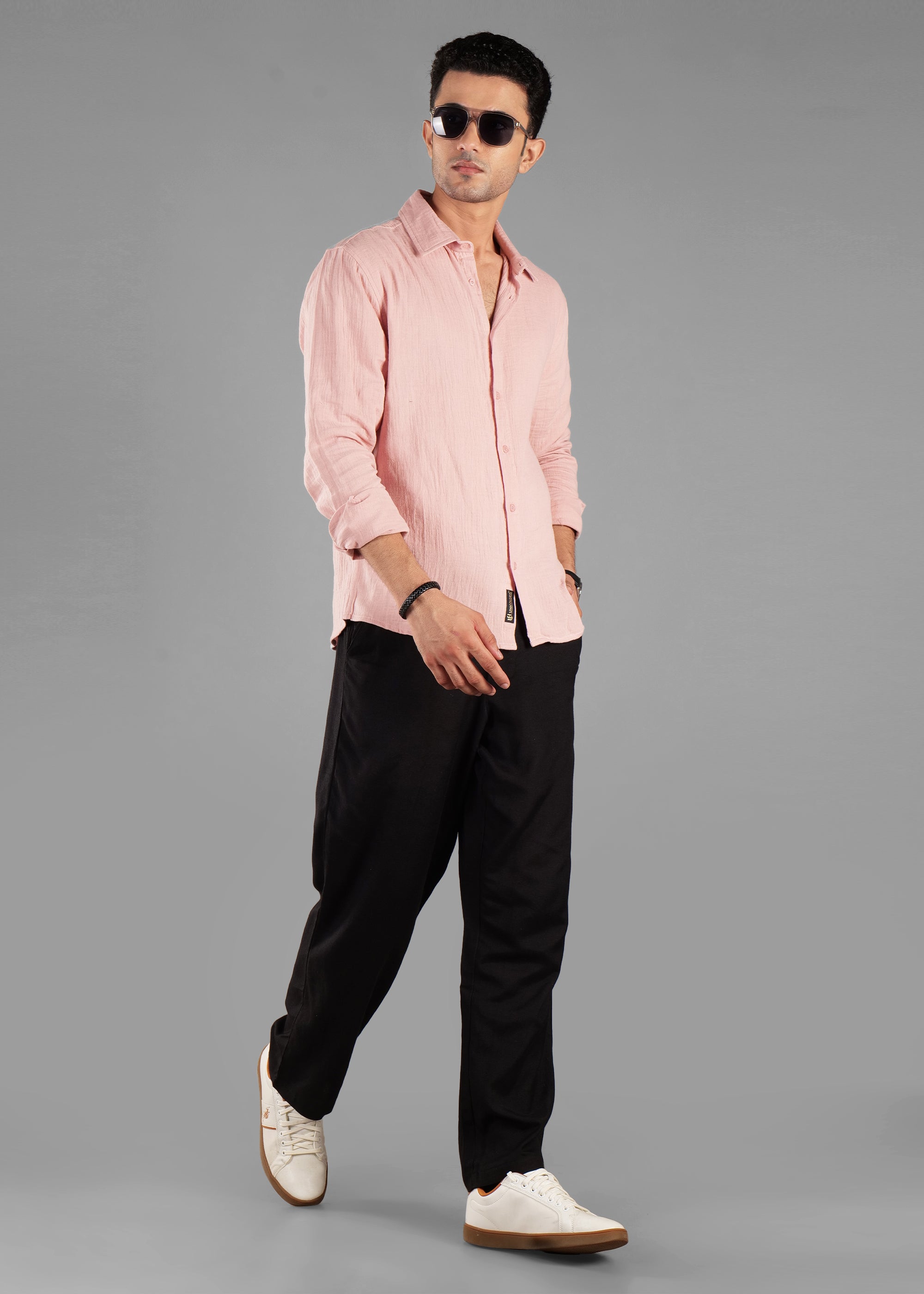 Rosy Brown (Blush Pink) Long Sleeve Crinkled Cotton Shirt for Men