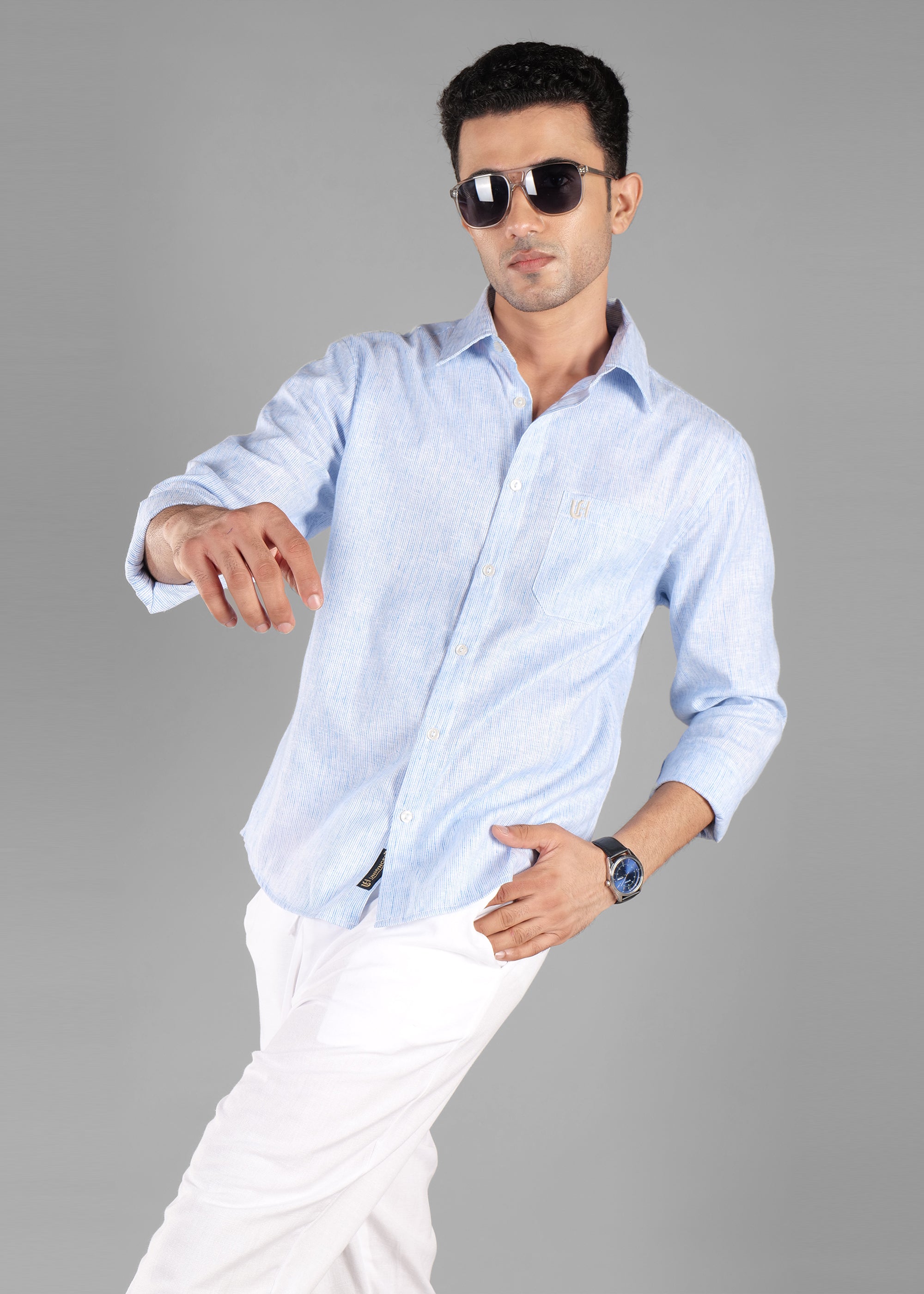Blue Linen-Blend Striped Shirt for Men