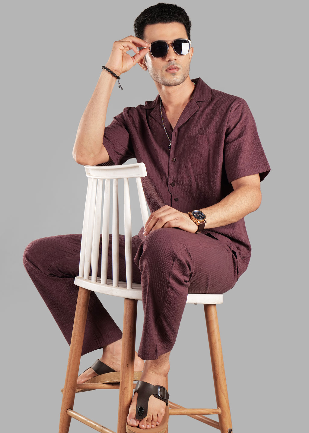 Coffee Bean Textured Cuban Collar Co-ord Set for Men | Stay Unhynged