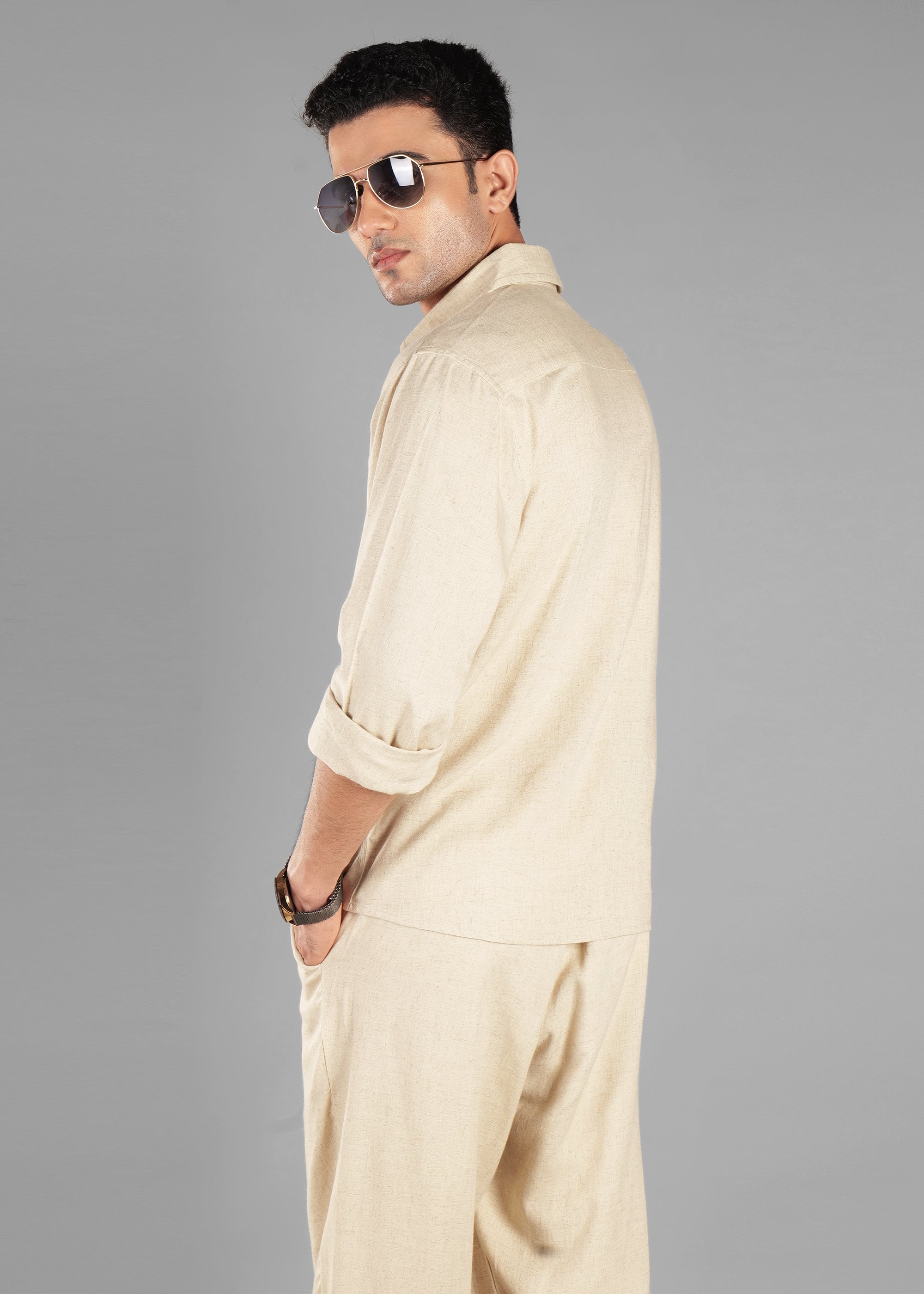 Beige Linen-Blend Classic Shirt for Men