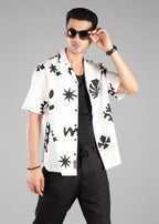 Black and White Printed Cuban Collar Shirt for Men