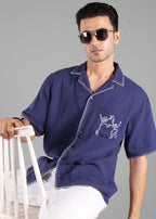 Navy Embroidered Cuban Collar Shirt for Men