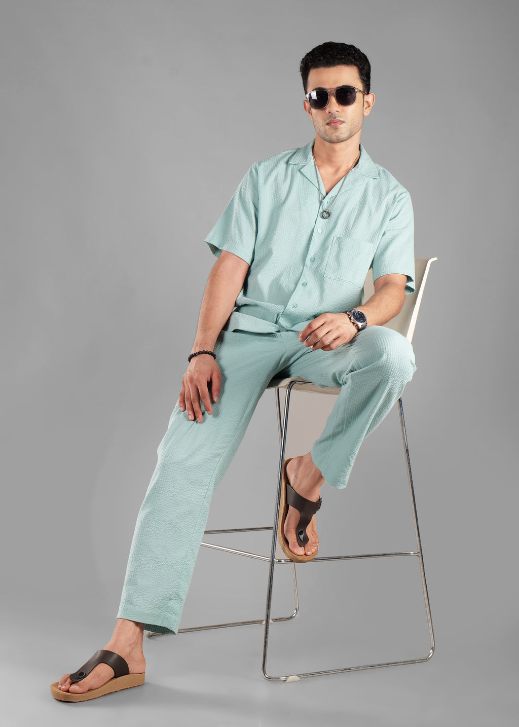Granite Green Textured Cuban Collar Co-ord Set for Men | Stay Unhynged