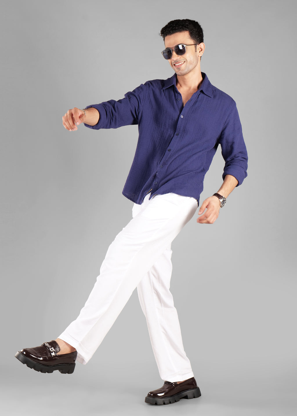 Navy Long Sleeve Crinkled Cotton Shirt for Men