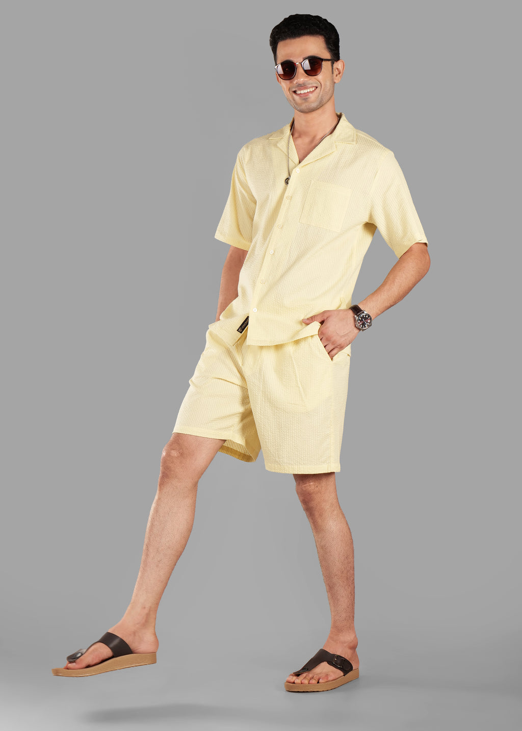 Butter Yellow Seersucker Textured Cuban Collar Shirt for Men