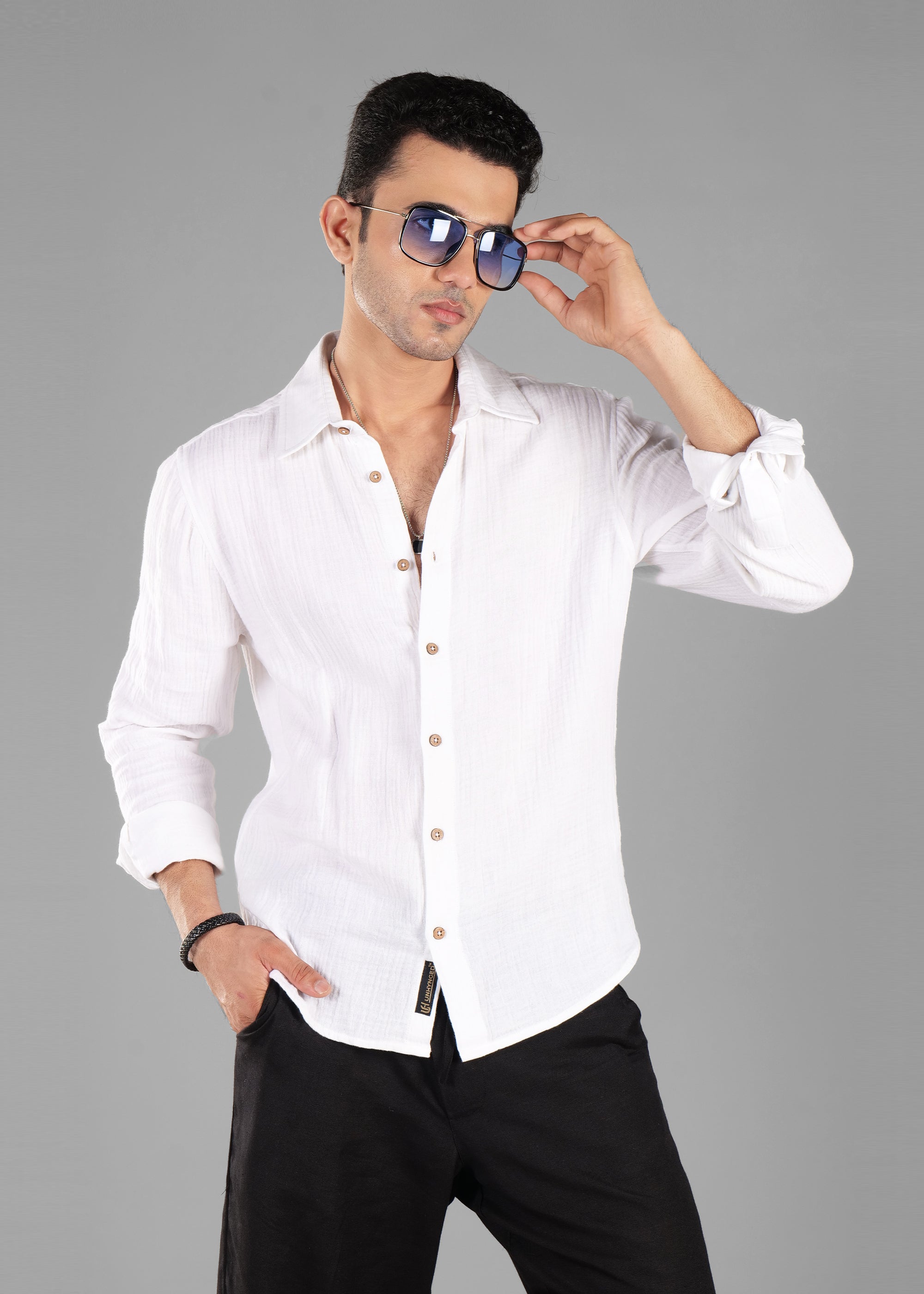 White Long Sleeve Crinkled Cotton Shirt for Men