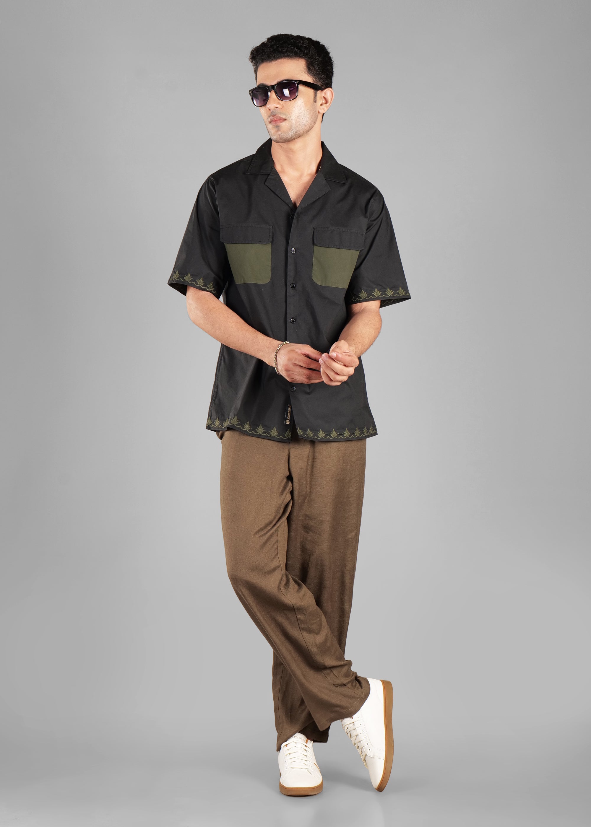 Noir Olive Dual Pocket Cotton Shirt for Men