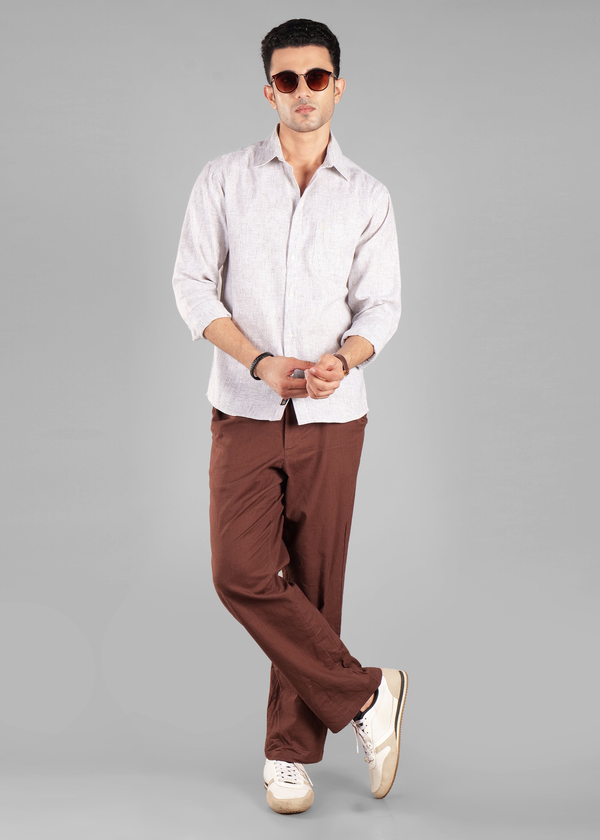 Brown Linen-Blend Striped Shirt for Men