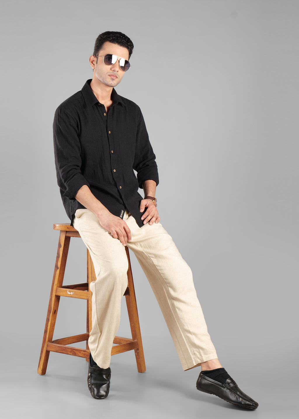 Black Long Sleeve Crinkled Cotton Shirt for Men