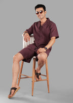 Coffee Bean Seersucker Textured Cuban Collar Shirt for Men