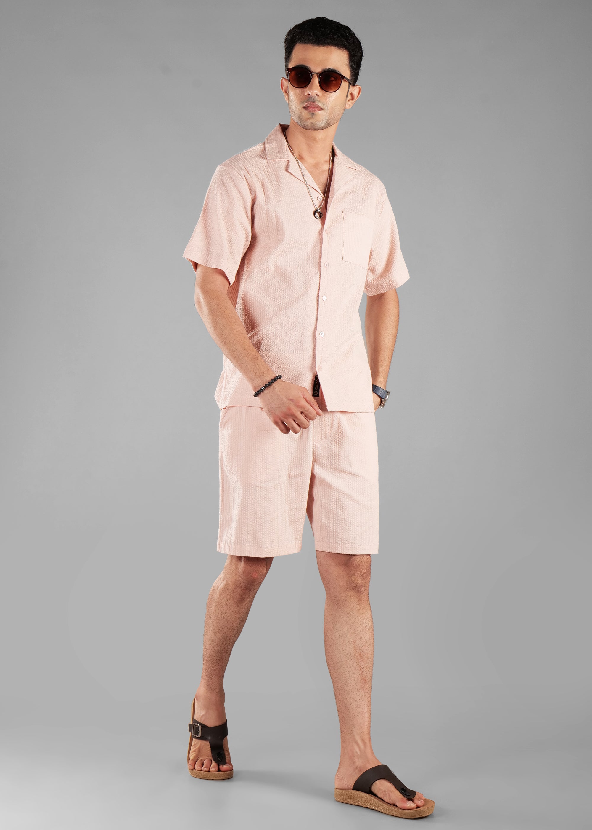 Rosy Brown Seersucker Textured Cuban Collar Shirt for Men