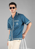 Harbour Blue Embroidered Cuban Collar Shirt for Men