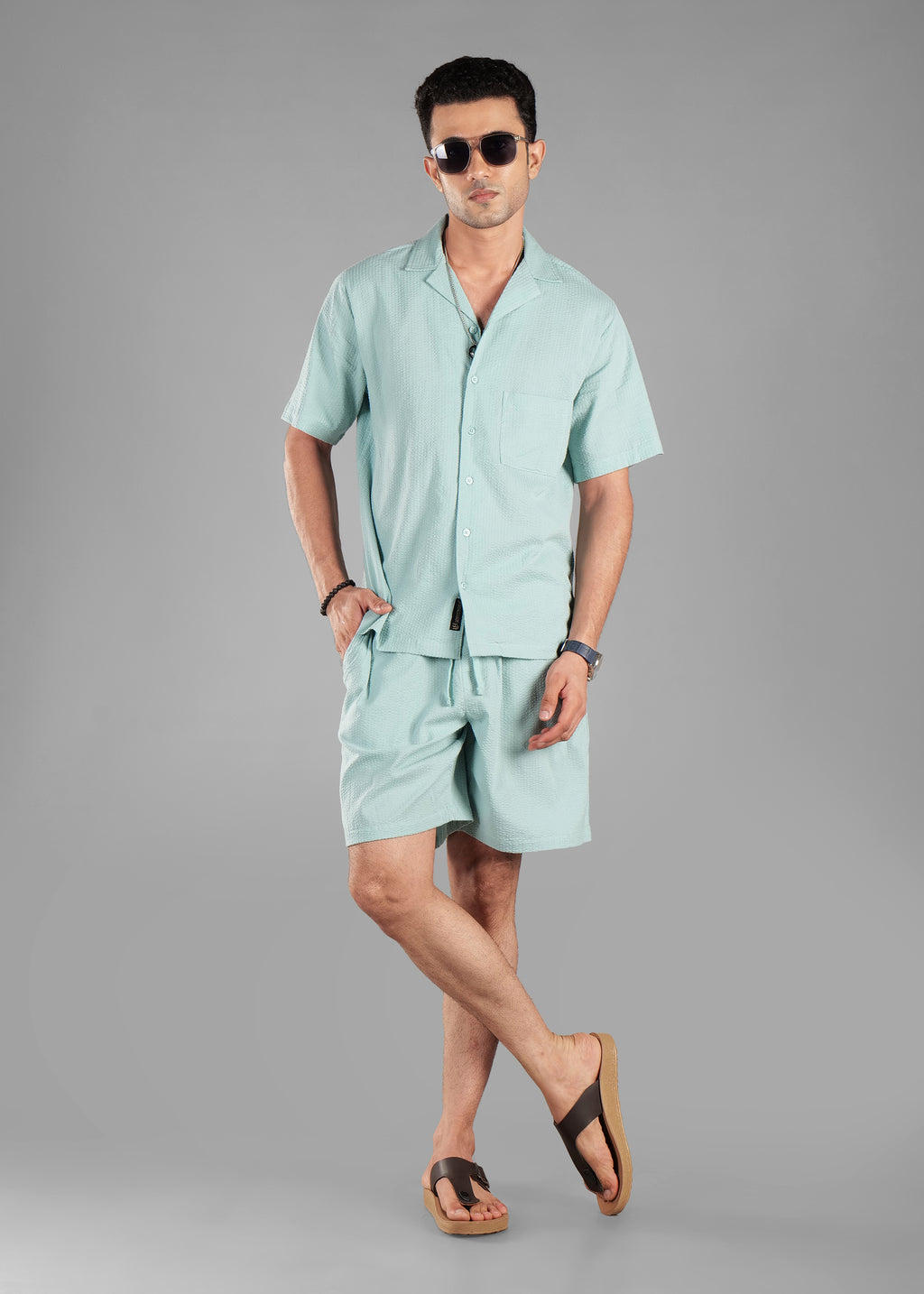 Granite Green Seersucker Textured Cuban Collar Shirt for Men