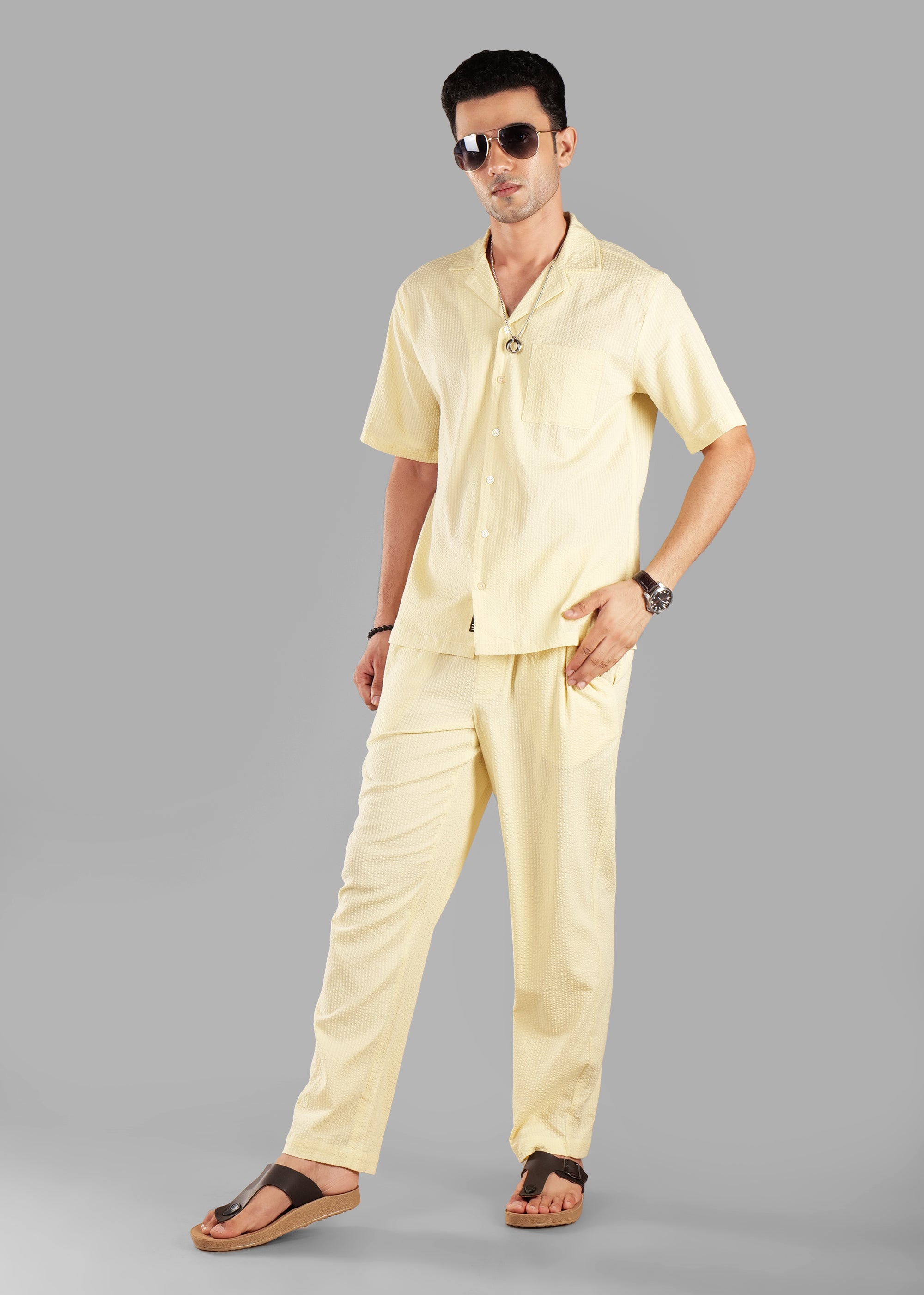 Butter Yellow Textured Cuban Collar Co-ord Set for Men | Stay Unhynged