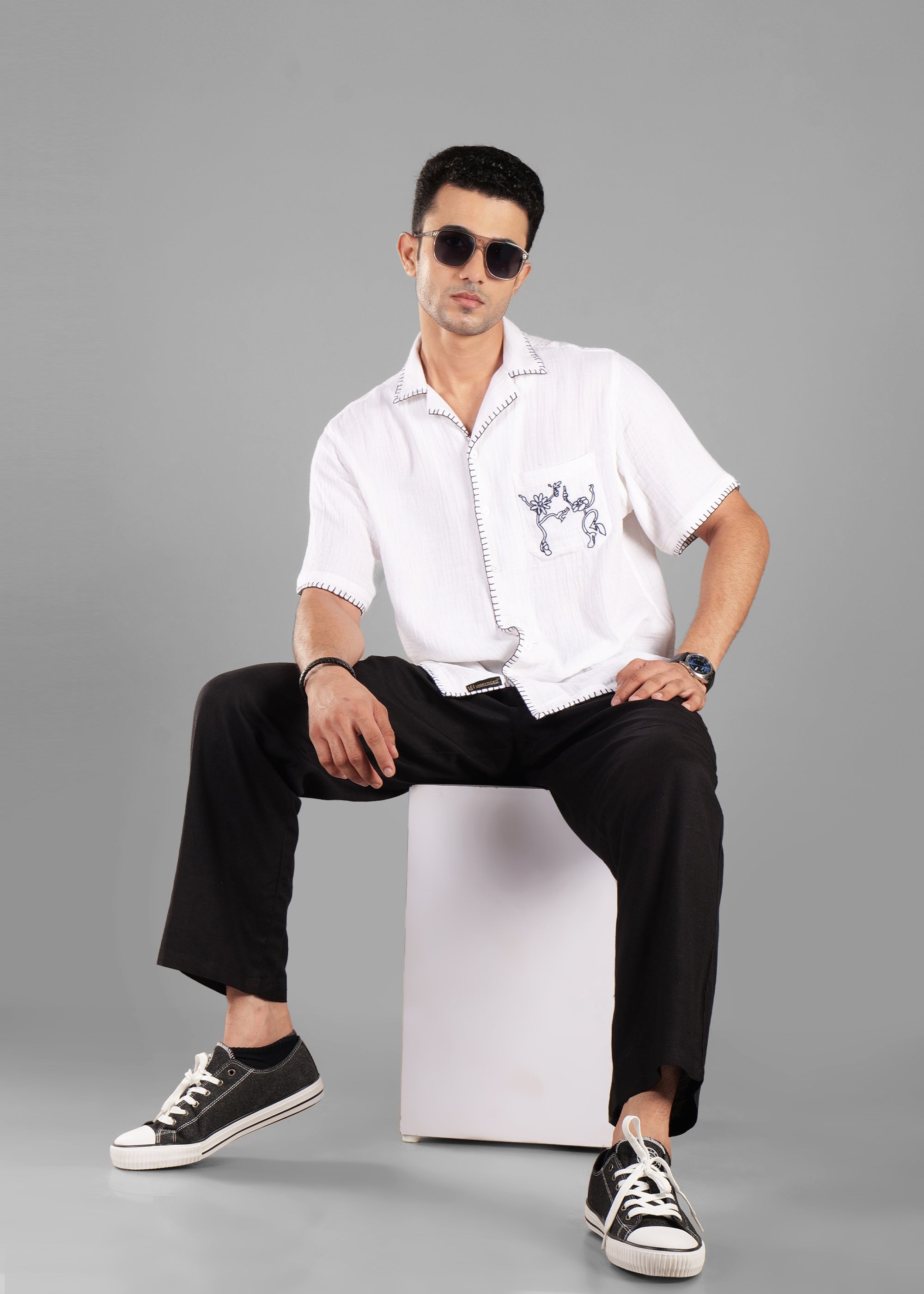White Embroidered Cuban Collar Shirt for Men