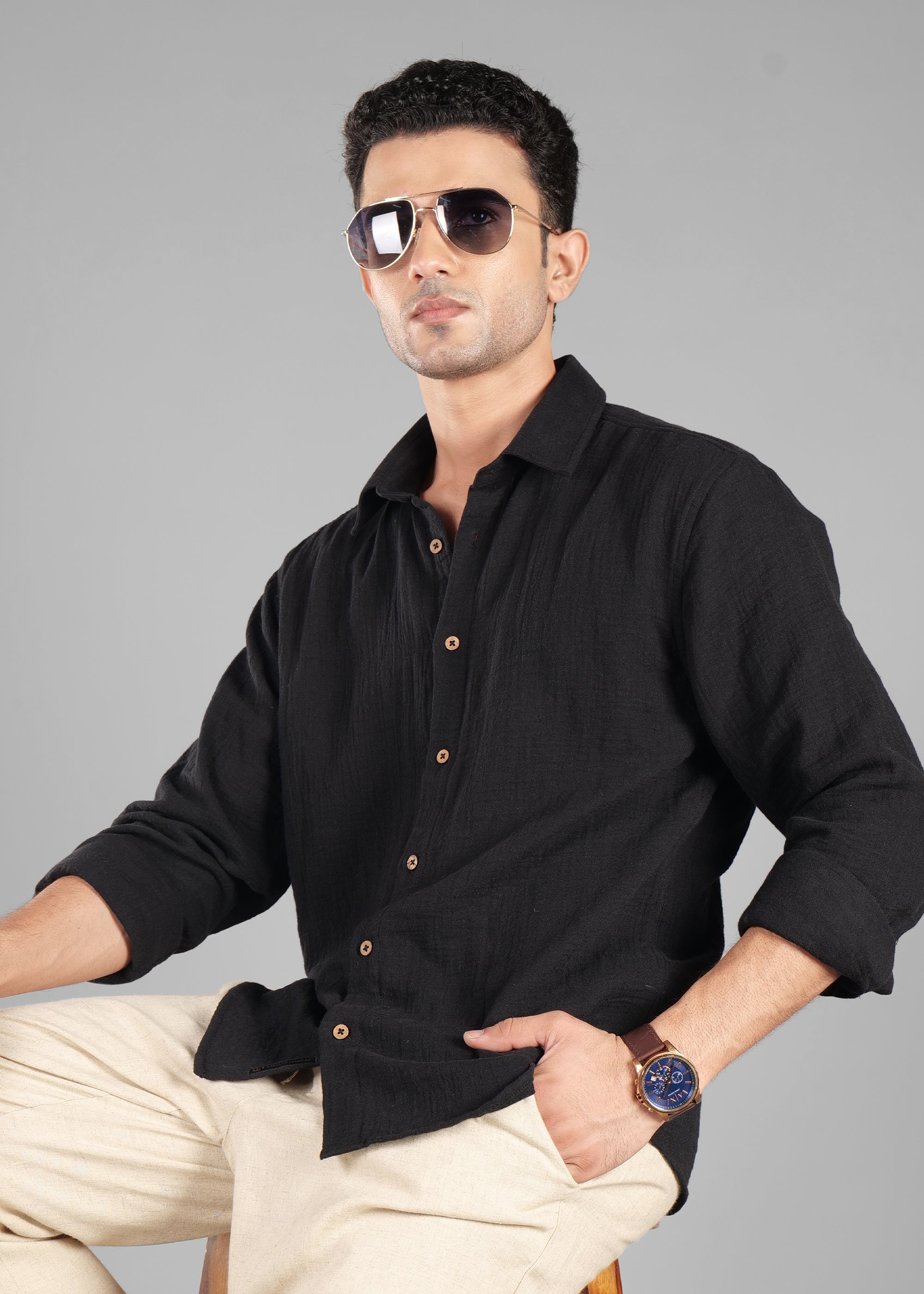Black Long Sleeve Crinkled Cotton Shirt for Men