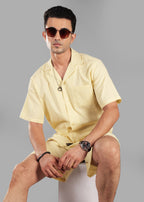 Butter Yellow Seersucker Textured Cuban Collar Shirt for Men