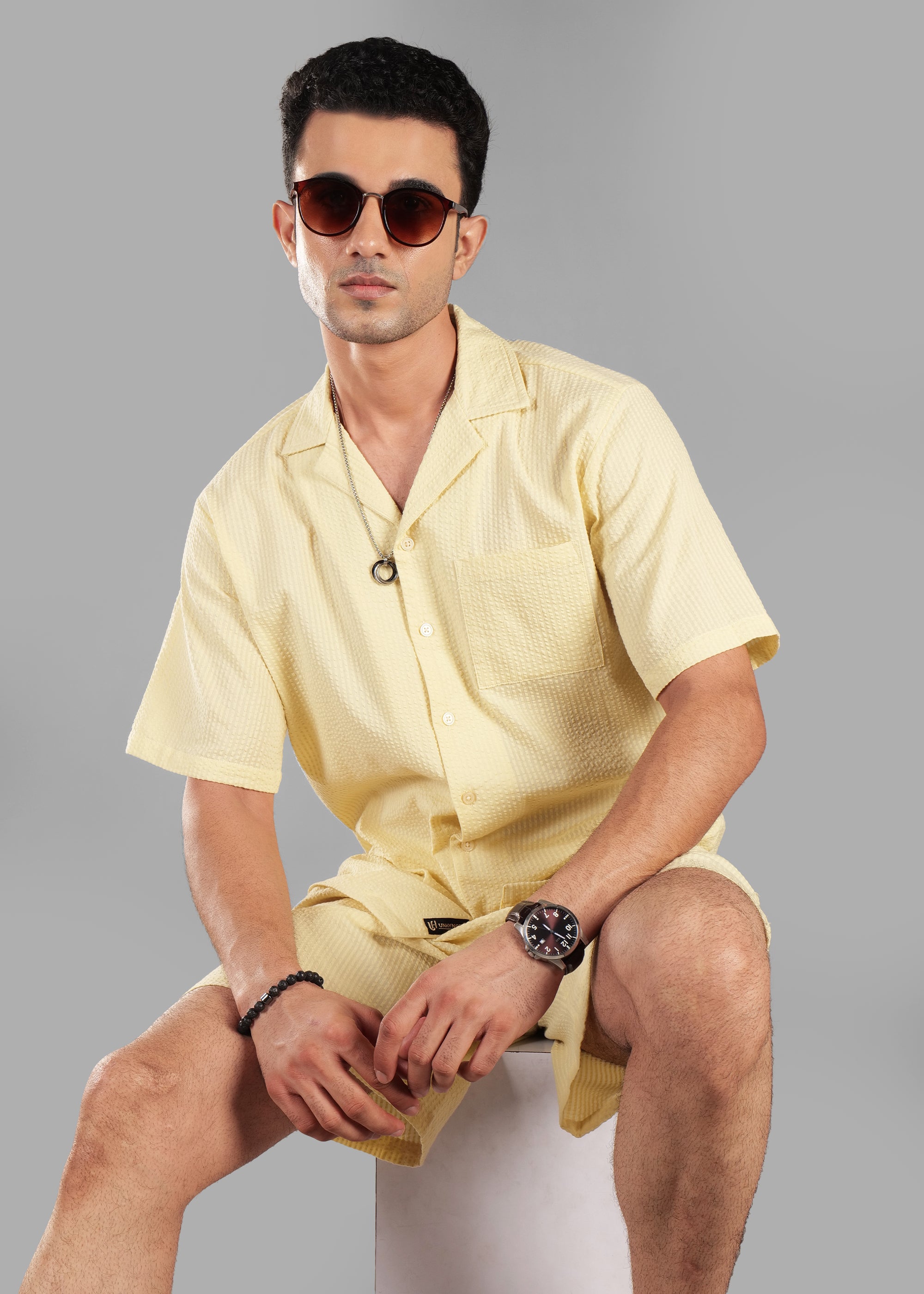 Butter Yellow Seersucker Textured Cuban Collar Shirt for Men