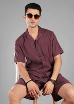 Coffee Bean Seersucker Textured Cuban Collar Shirt for Men