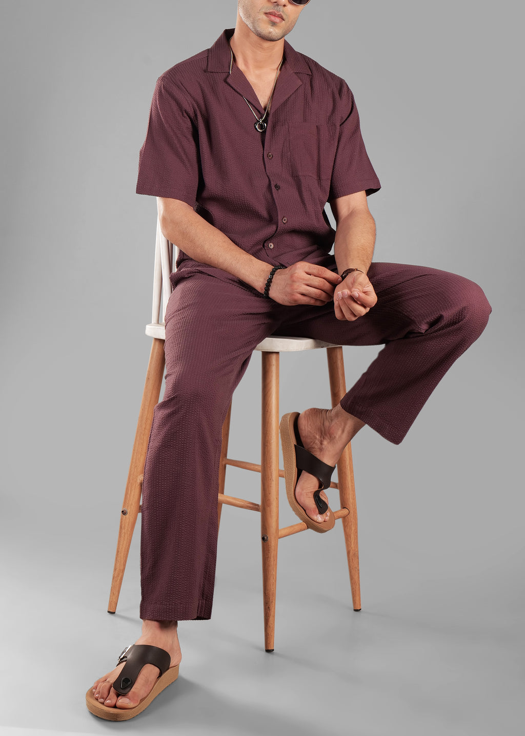 Coffee Bean Textured Cuban Collar Co-ord Set for Men | Stay Unhynged