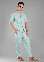 Granite Green Textured Cuban Collar Co-ord Set for Men | Stay Unhynged