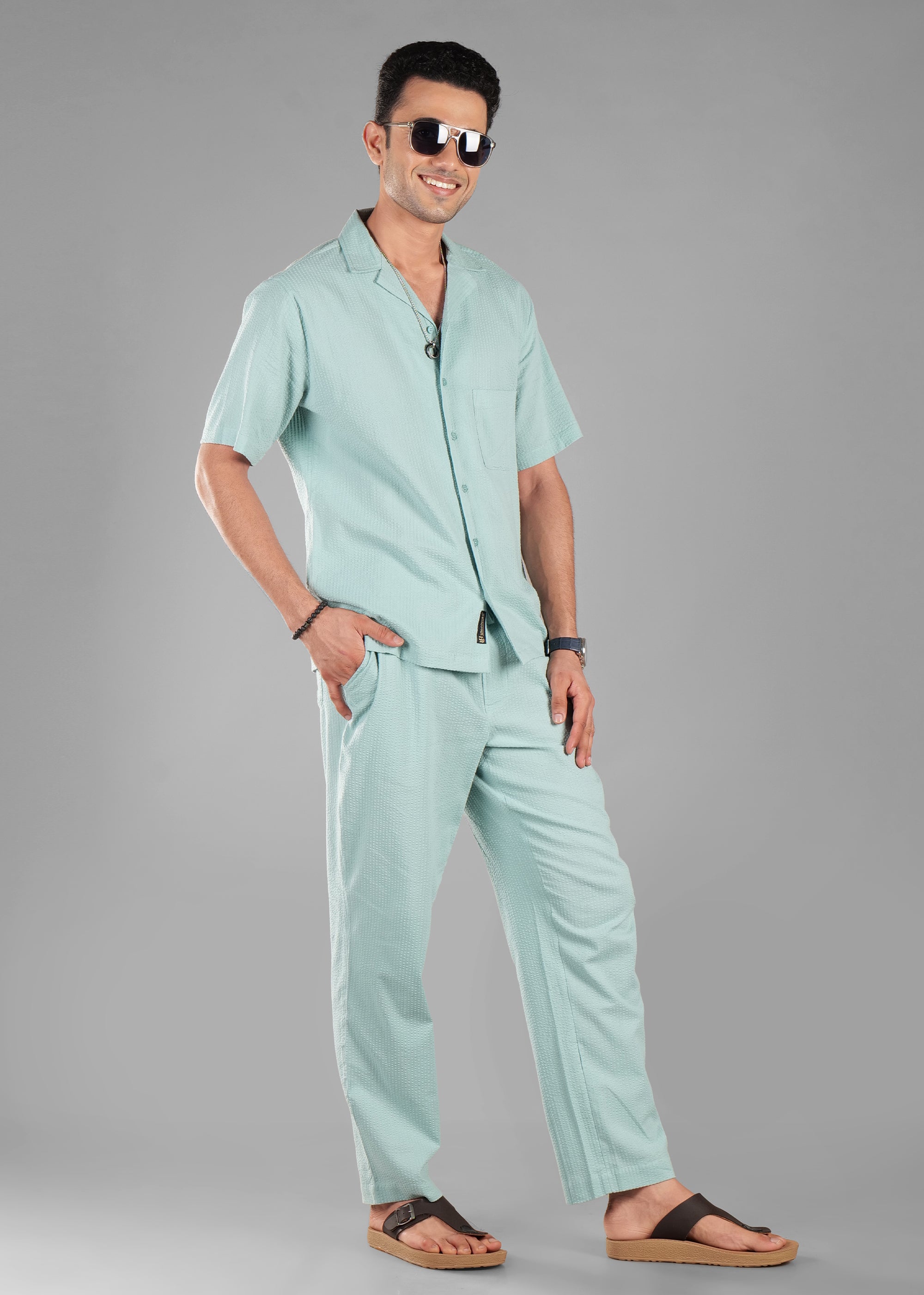 Granite Green Textured Cuban Collar Co-ord Set for Men | Stay Unhynged