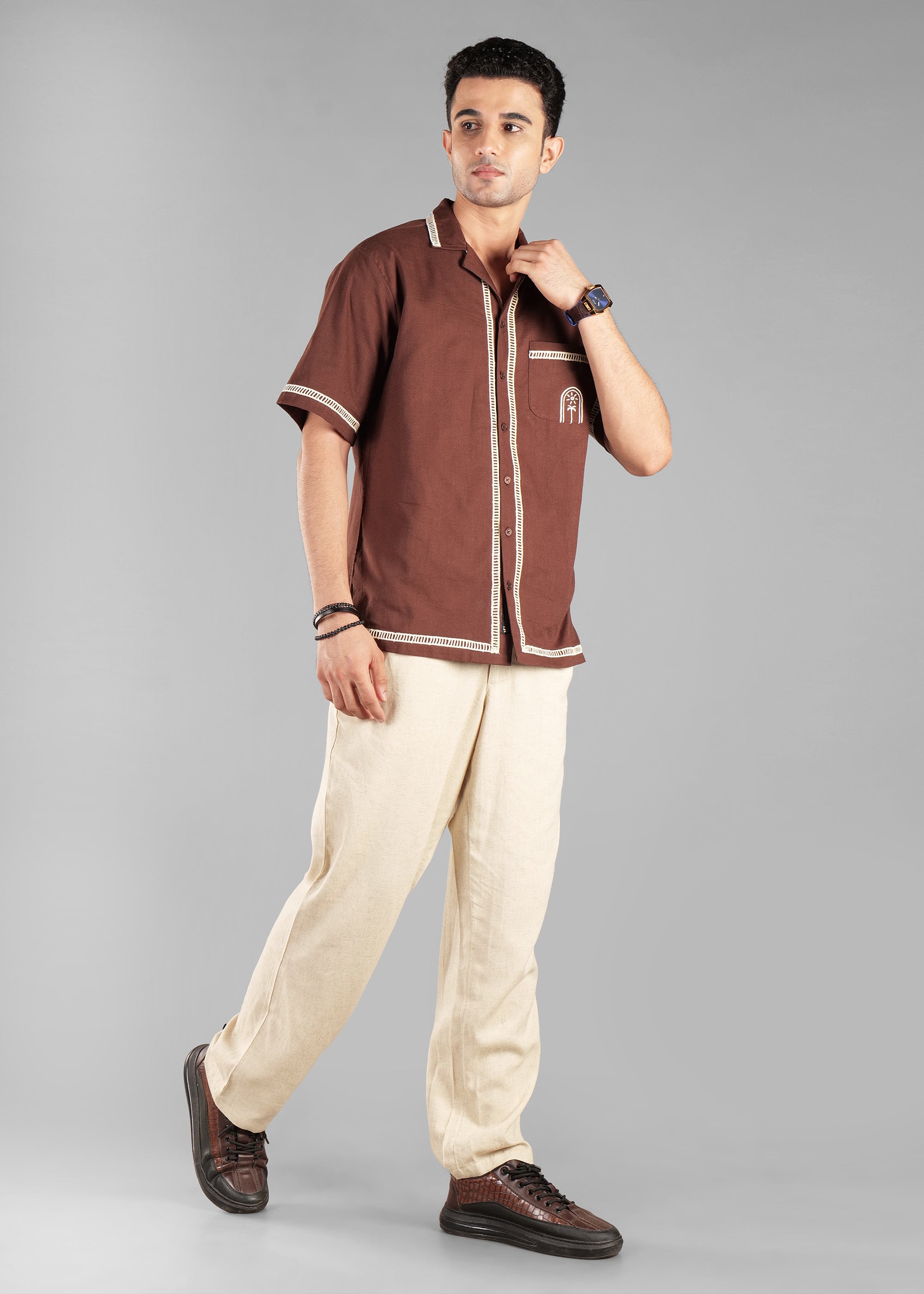 Coffee Bean Embroidered Cuban Collar Shirt for Men