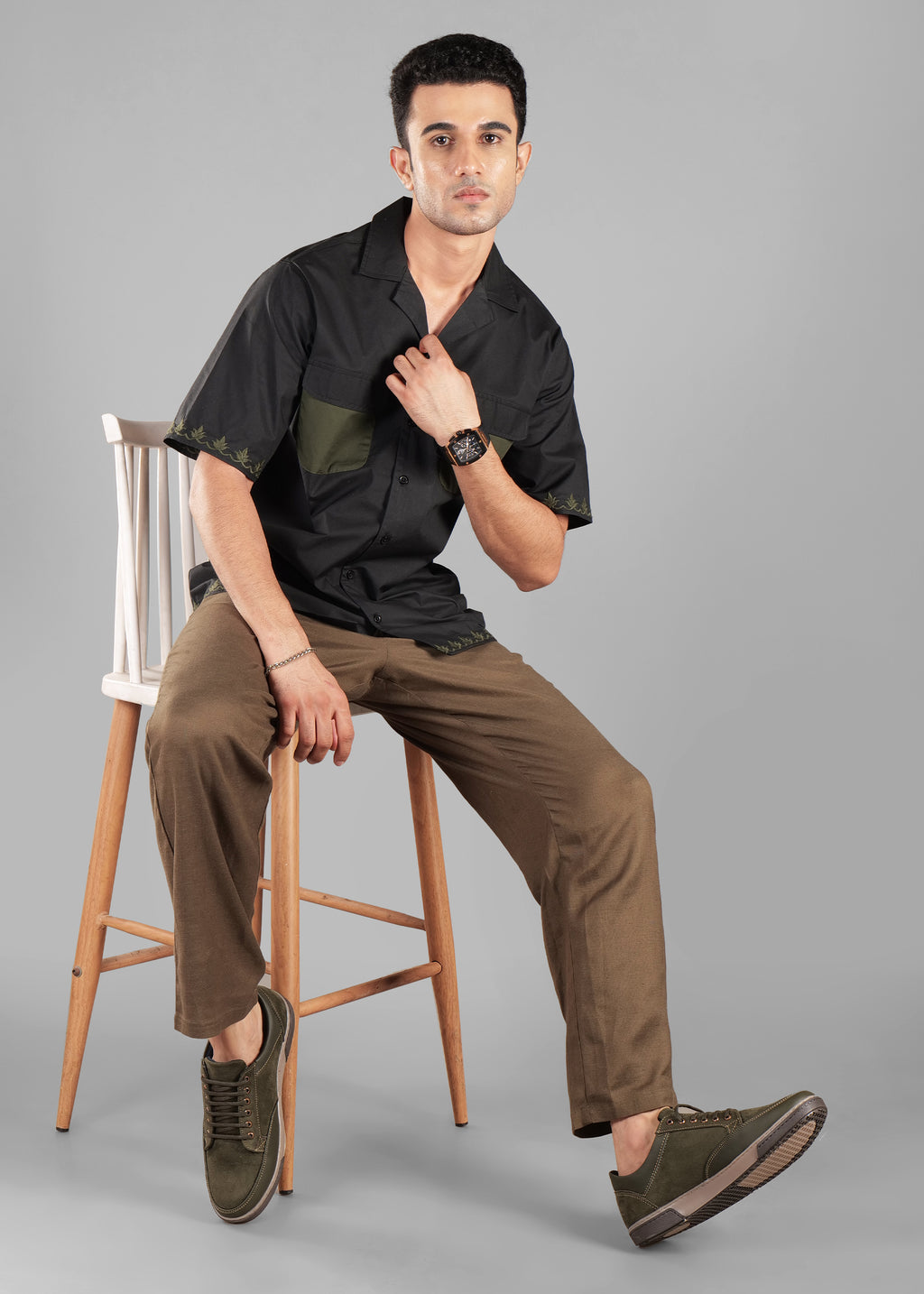 Noir Olive Dual Pocket Cotton Shirt for Men