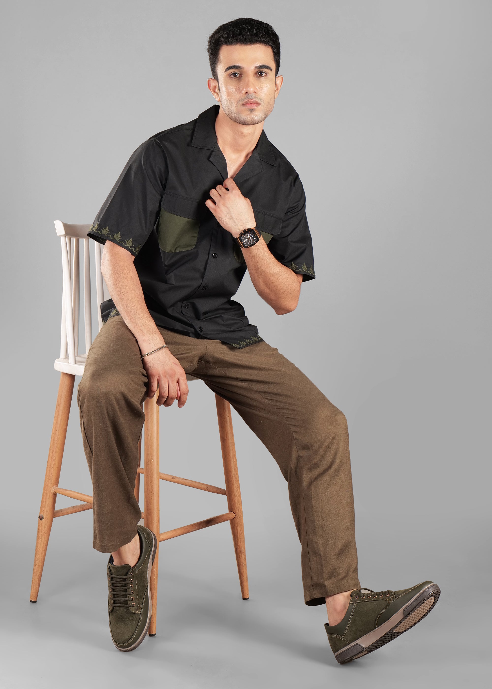 Noir Olive Dual Pocket Cotton Shirt for Men