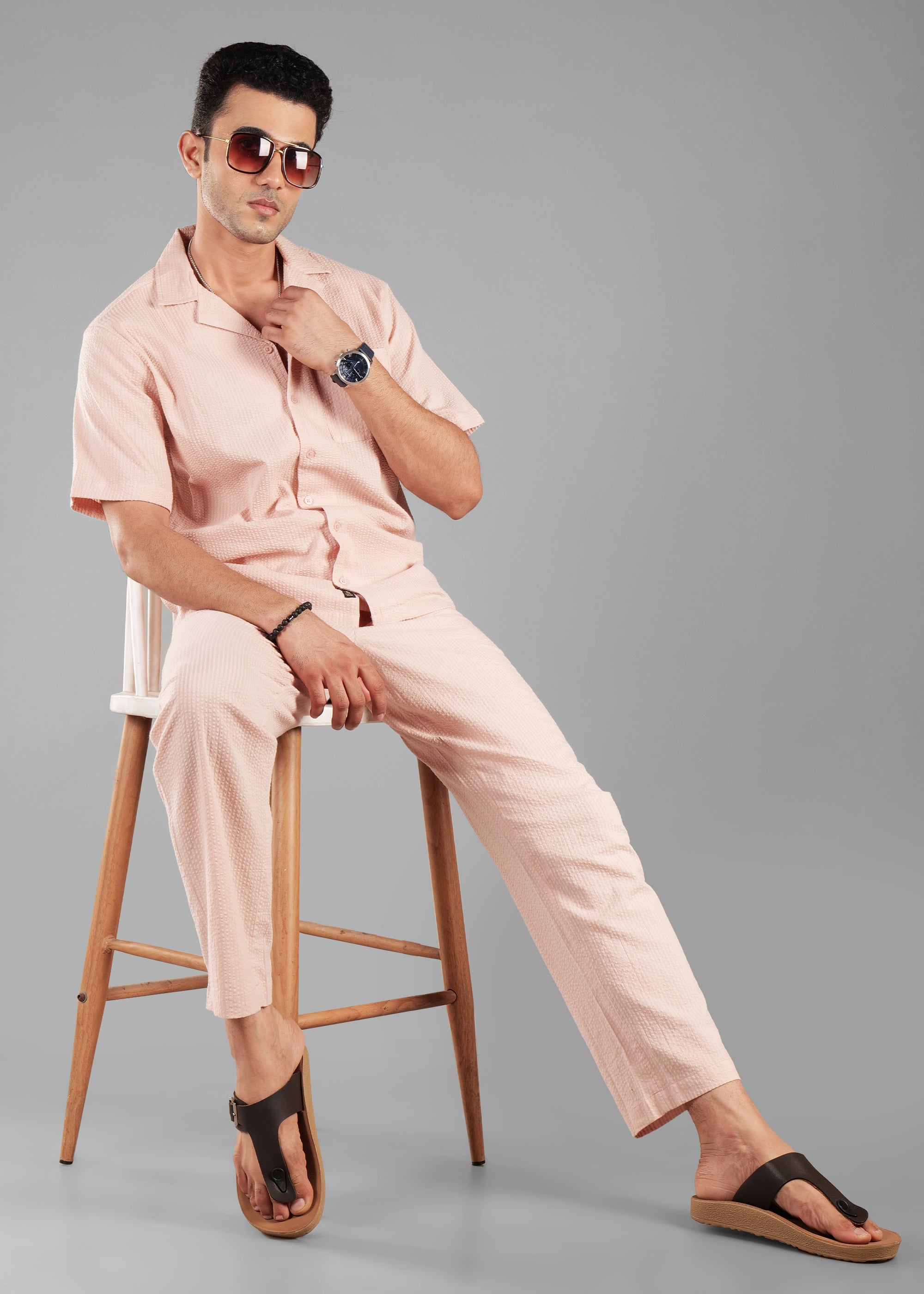 Rosy Brown Textured Cuban Collar Co-ord Set