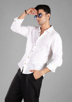 White Long Sleeve Crinkled Cotton Shirt for Men