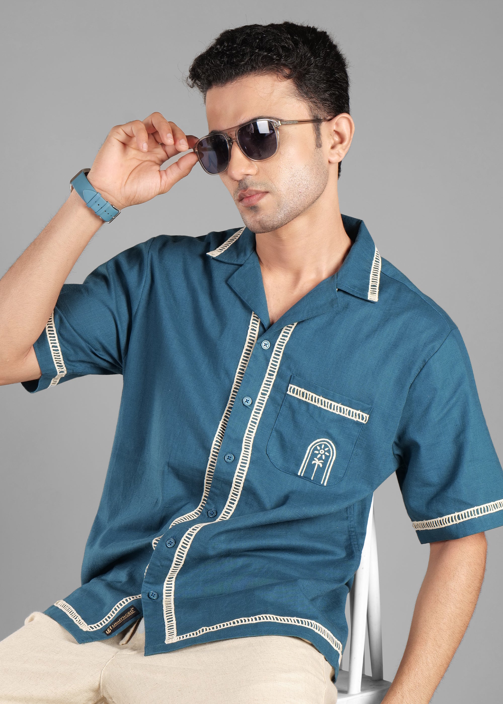 Harbour Blue Embroidered Cuban Collar Shirt for Men