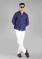 Navy Long Sleeve Crinkled Cotton Shirt for Men