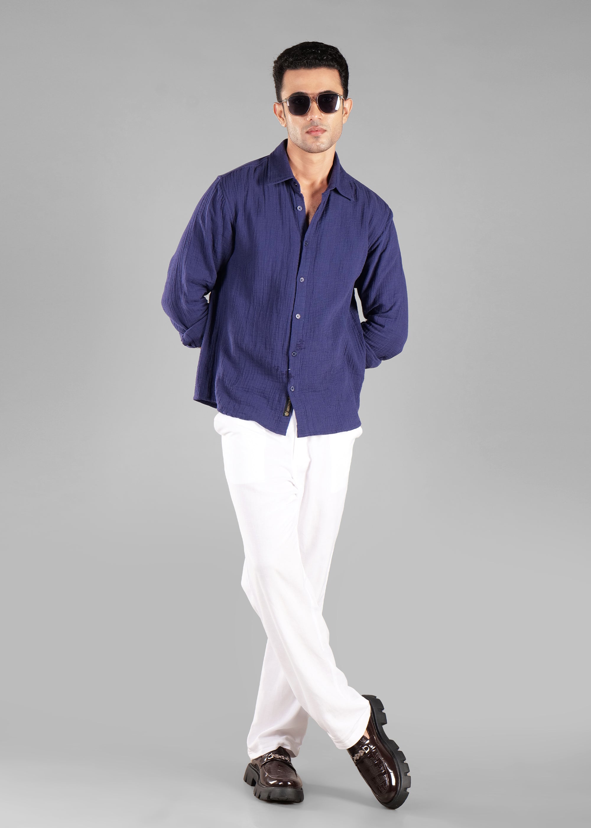 Navy Long Sleeve Crinkled Cotton Shirt for Men
