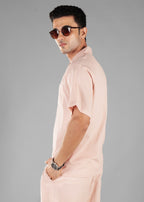 Rosy Brown Seersucker Textured Cuban Collar Shirt for Men